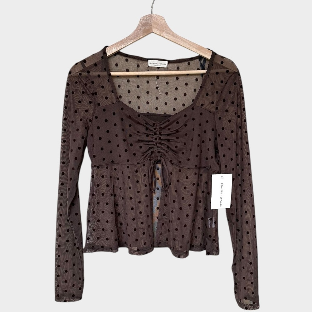 Sheer Polka Dot Mesh Top Brown Ruched Coquette Whimsigoth Fairy